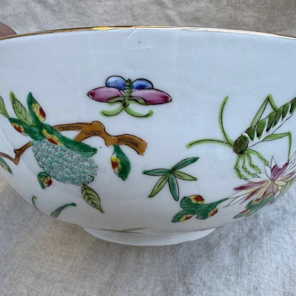 Vintage 70s Hong Kong Porcelain Bowl 60s Famille Rose Grasshopper Floral 9in